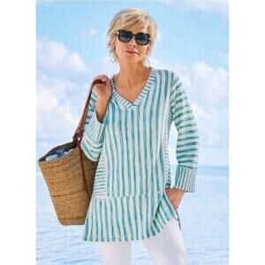 Soft Surroundings Briza Stripe Knit Tunic Top Plus Size 3X Blue White V-Neck